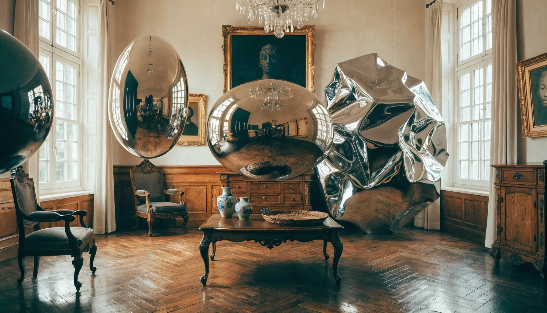 A museum period room reimagined in an Afrofuturist future, ornate heritage furnishings meeting sleek futurist design, no people.