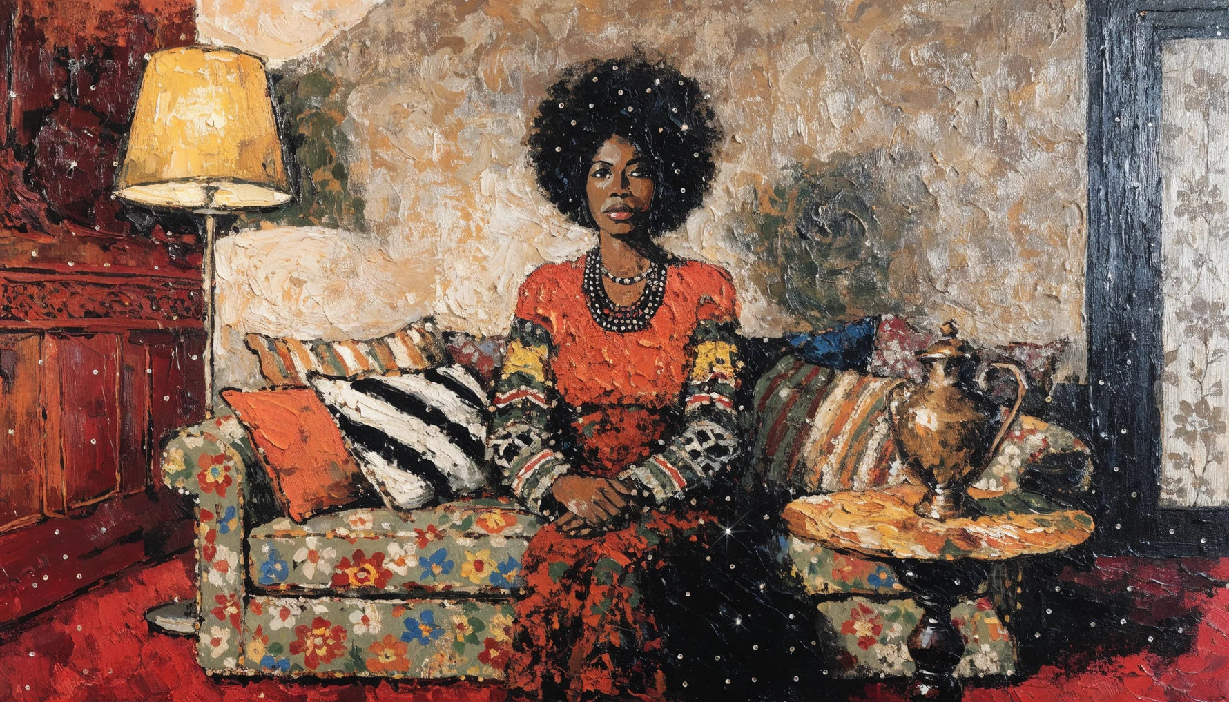 Mixed media painting of a woman seated on a low couch in a 1970s living room of layered wallpaper and upholstery patterns.