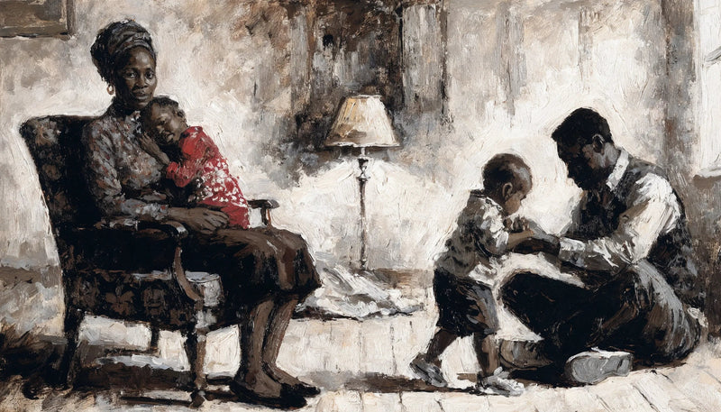 Painting of a woman holding a small child on one side of a warm living room and a man steadying a toddler on the other, a single lamp between them.