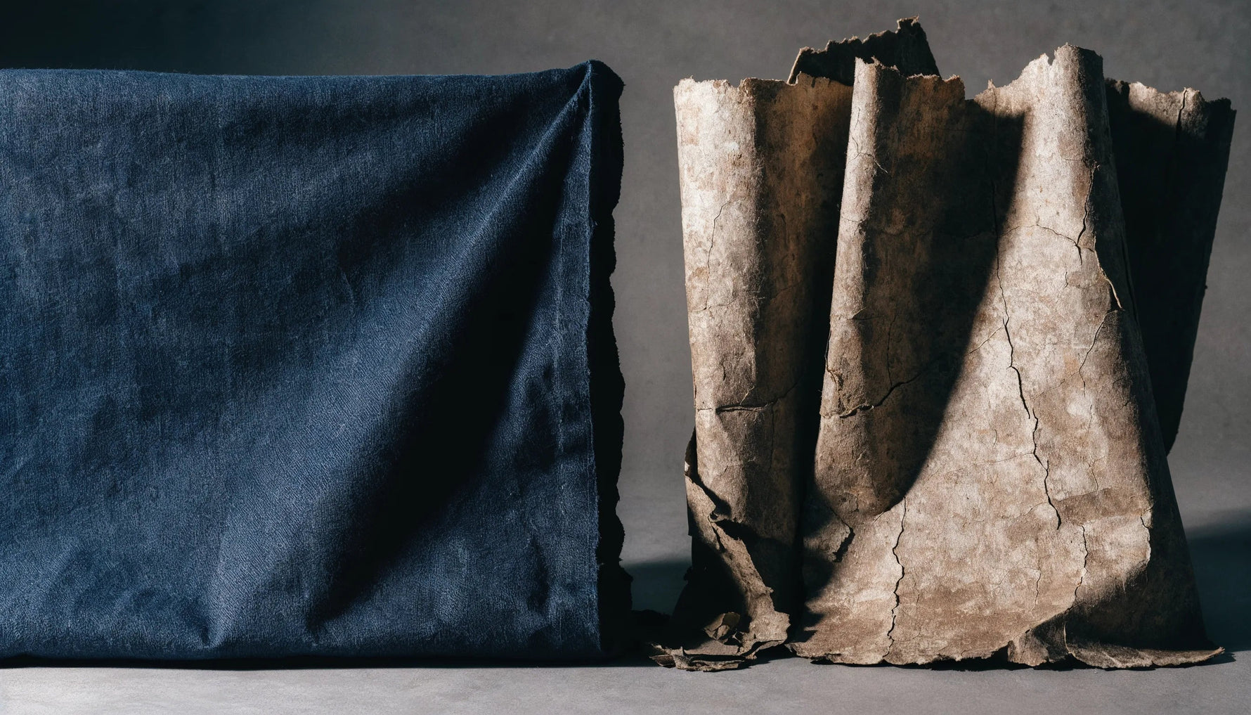 Heavy cotton canvas laid flat beside a sheet of yellowed poster paper curling and browning at the edges.