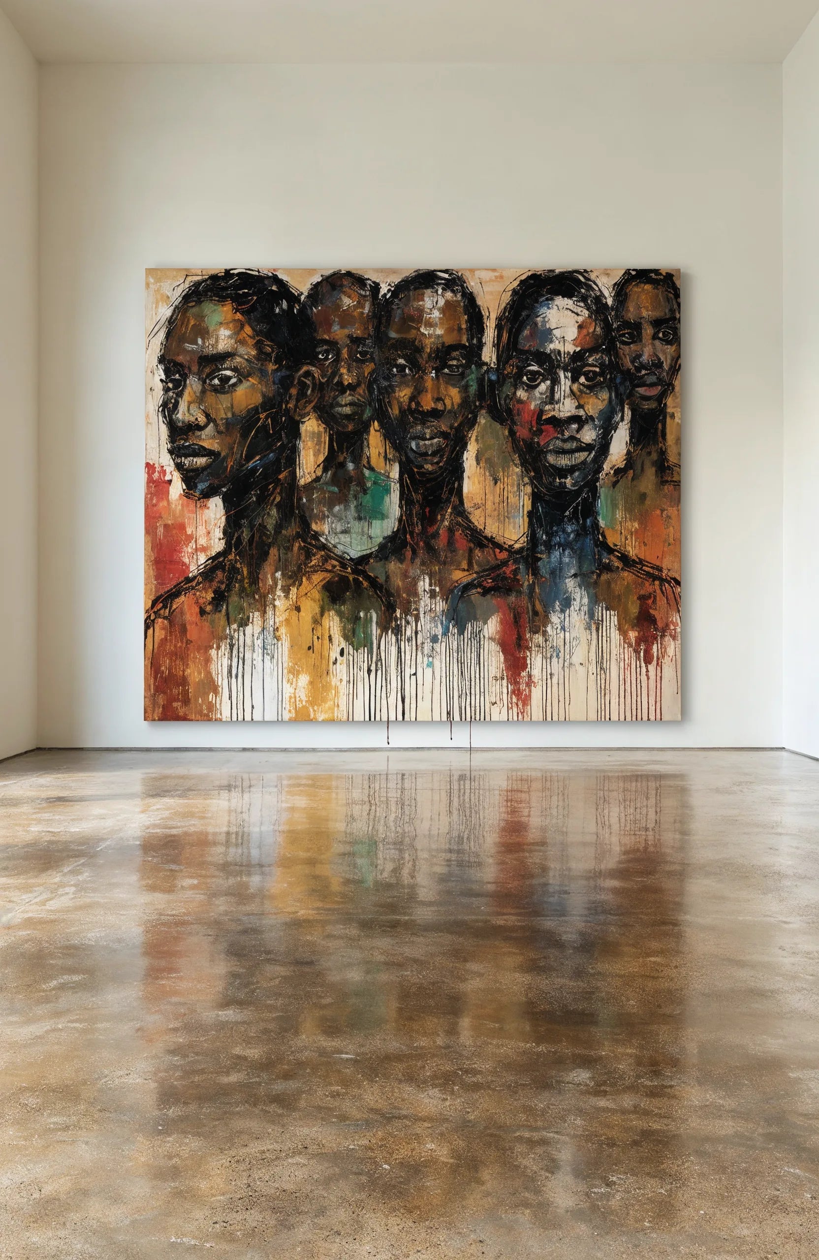 A single large expressive painting of Black figures on a clean minimalist gallery wall
