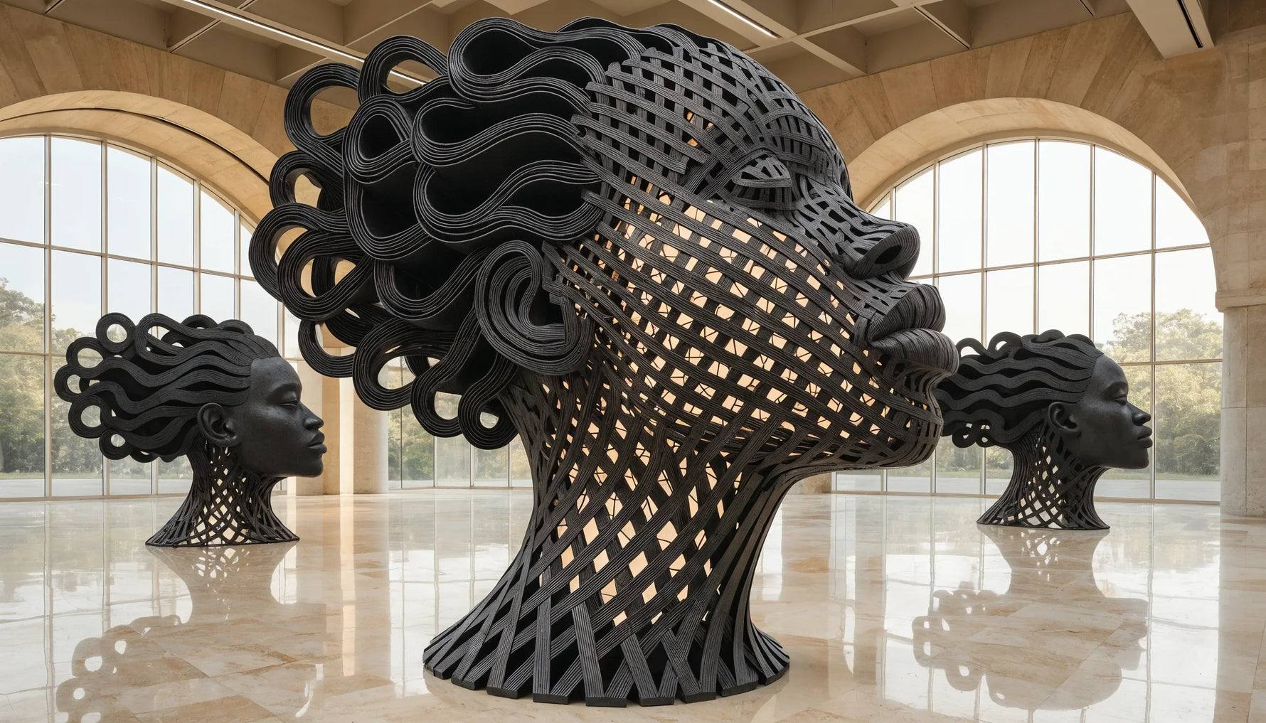 A large international contemporary art biennial exhibition space with bold original works and dramatic architecture, global and expansive, no people.