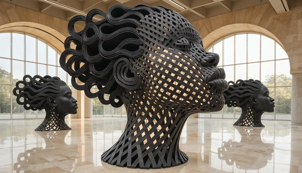 A large international contemporary art biennial exhibition space with bold original works and dramatic architecture, global and expansive, no people.