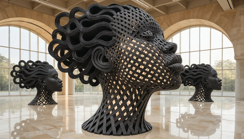 A large international contemporary art biennial exhibition space with bold original works and dramatic architecture, global and expansive, no people.
