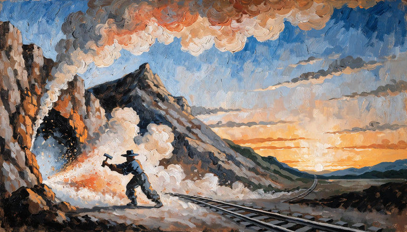 Black railroad worker swinging a hammer at a mountain tunnel face, folk-art style painting on canvas, dawn light in ochre and slate