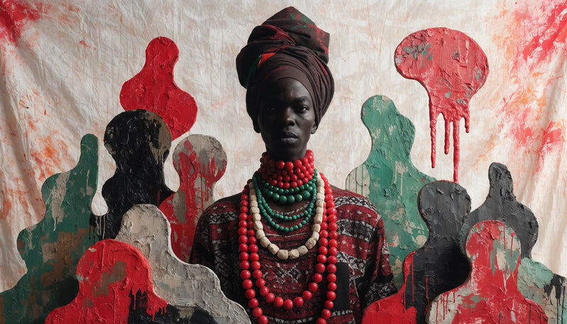 A bold original Pan-African artwork with red, black and green and diasporic motifs around a dignified Black figure.