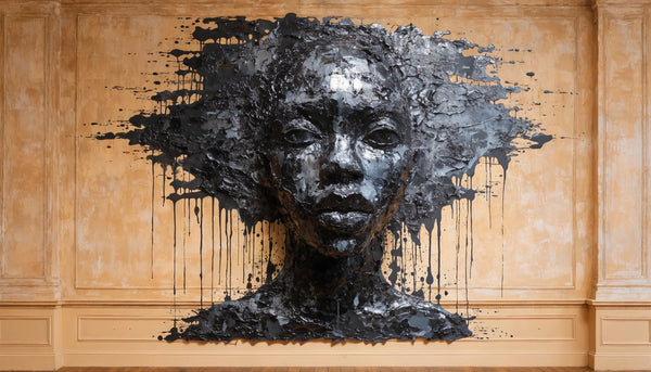 A single evocative personal original Black-art painting on a minimalist wall, quiet and specific, no flags or obvious symbols.