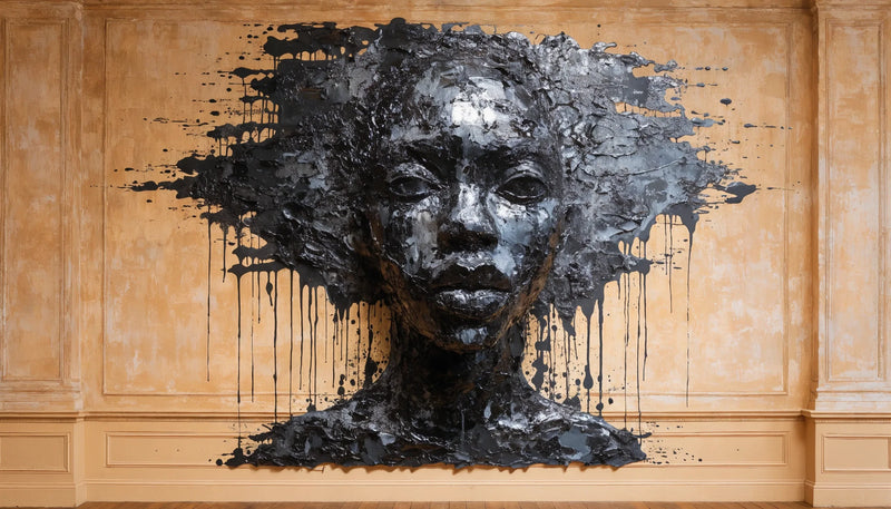 A single evocative personal original Black-art painting on a minimalist wall, quiet and specific, no flags or obvious symbols.