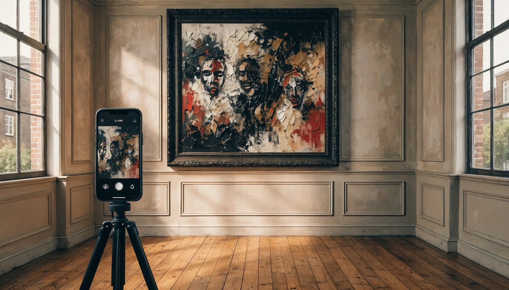 A phone on a small tripod photographing a framed Black-art canvas on a wall in soft daylight, no face.
