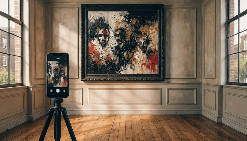 A phone on a small tripod photographing a framed Black-art canvas on a wall in soft daylight, no face.