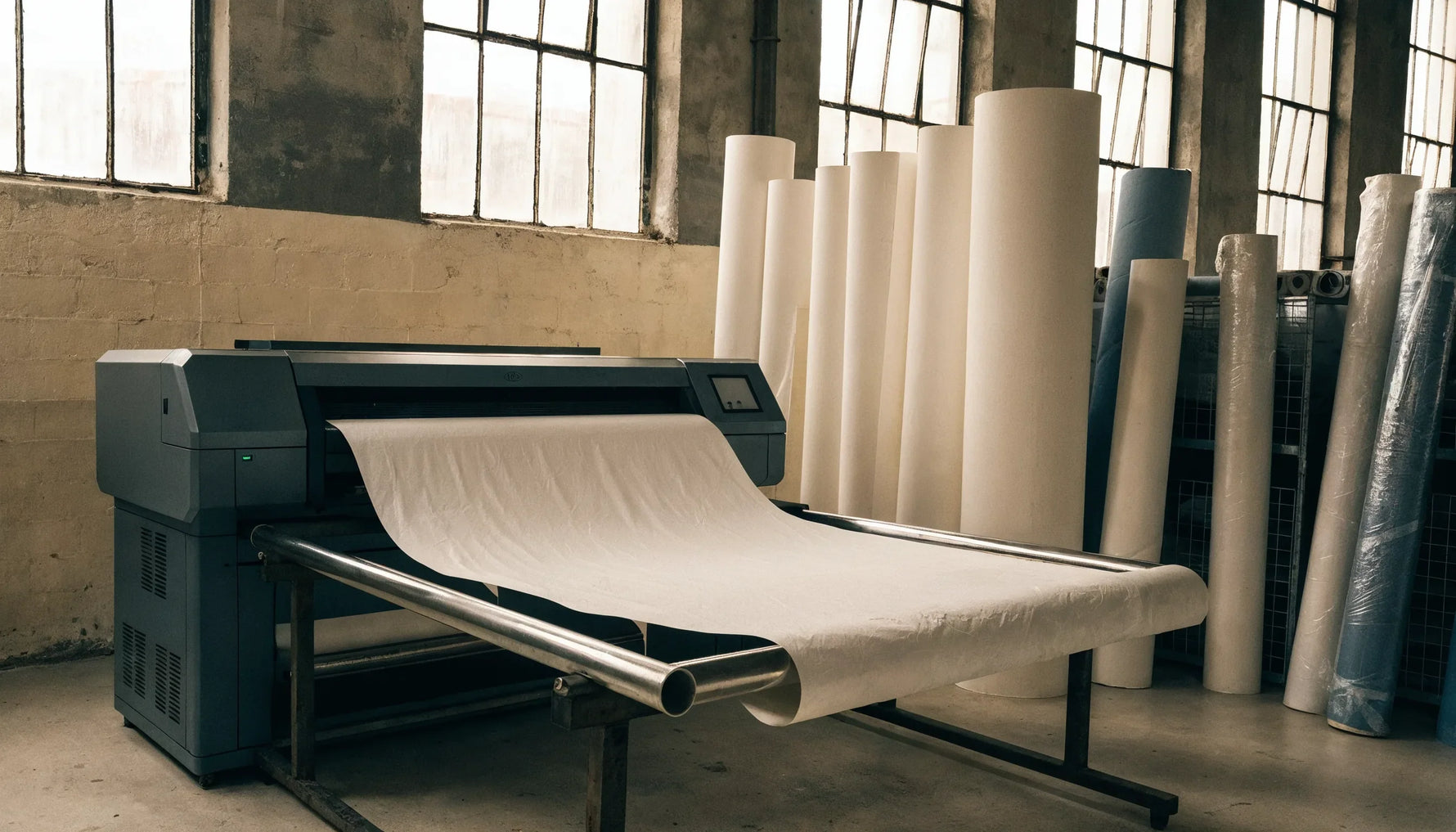 A wide format printer feeding a long roll of blank canvas across a take-up bar in a daylit print shop.