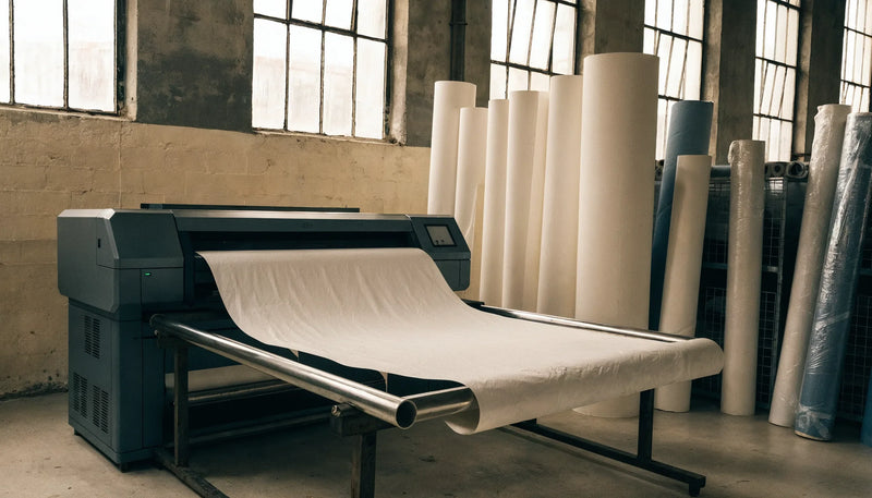 A wide format printer feeding a long roll of blank canvas across a take-up bar in a daylit print shop.