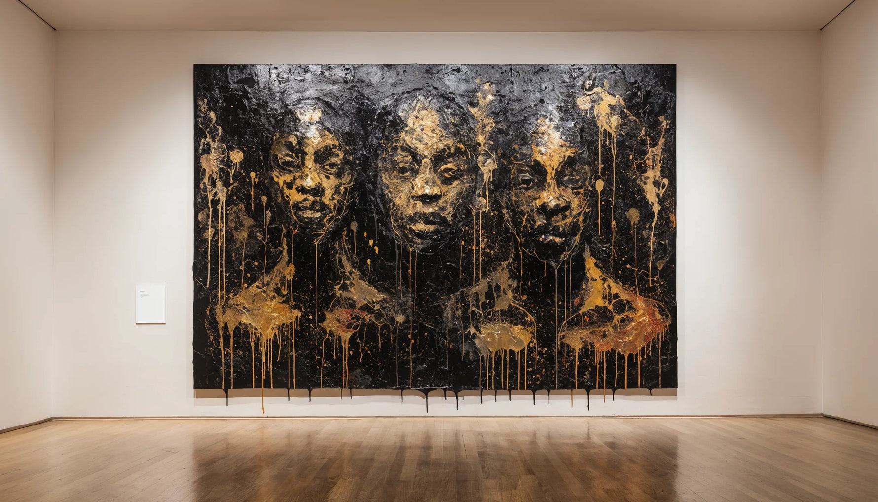 A single original culturally-specific Black-art canvas spotlit on a minimalist gallery wall with a small blank label.