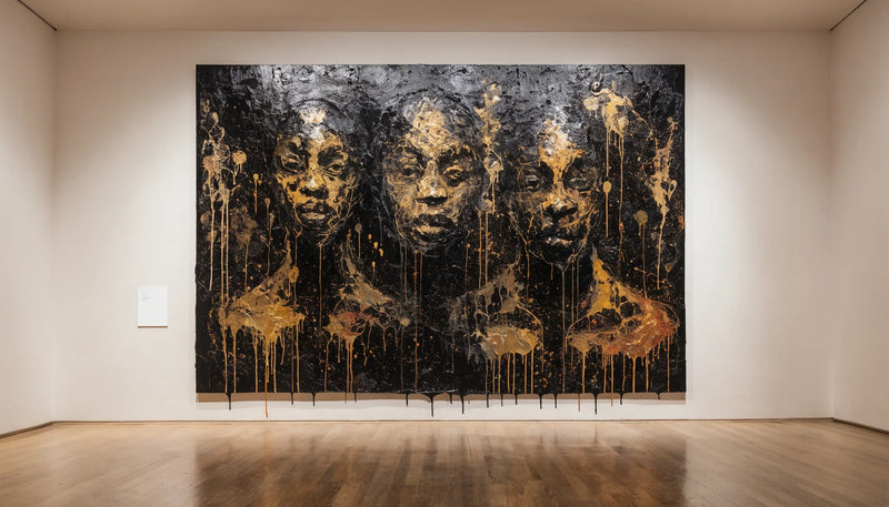 A single original culturally-specific Black-art canvas spotlit on a minimalist gallery wall with a small blank label.