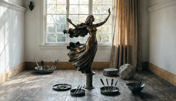 A sculptor's studio with a graceful bronze figure on a stand, modeling tools and warm patina light, no identifiable people.