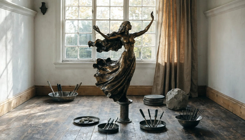 A sculptor's studio with a graceful bronze figure on a stand, modeling tools and warm patina light, no identifiable people.