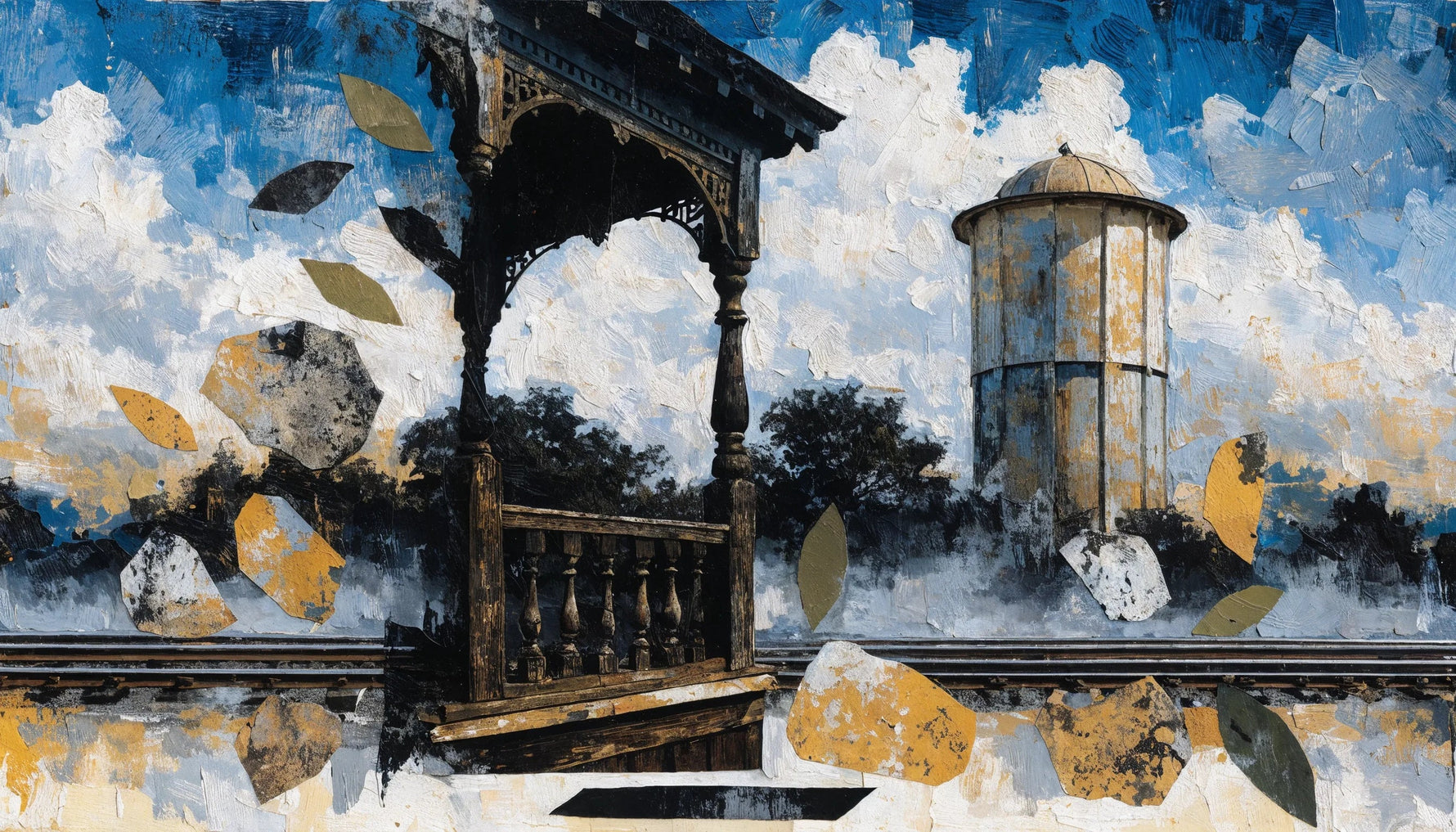 Paper collage of a small Southern town with a porch, a water tower and a rail line layered at mismatched scales.