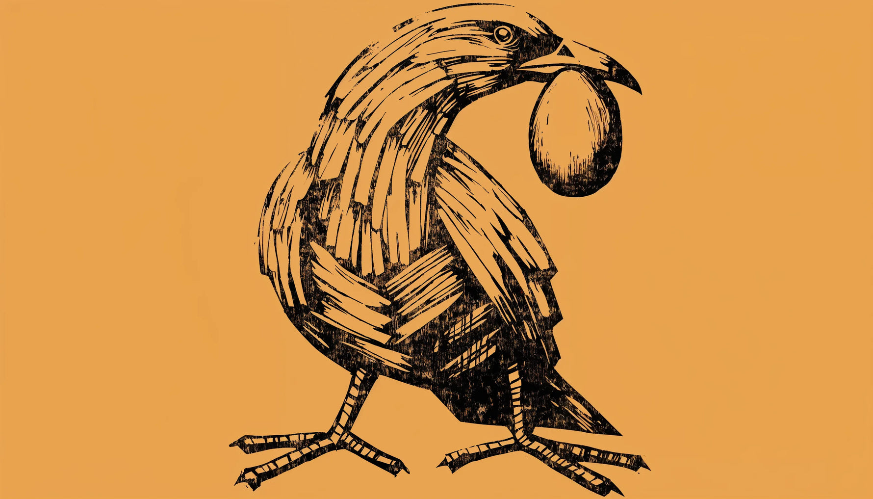Stamped print of a bird with its feet forward and its head turned back over its body, holding an egg in its beak