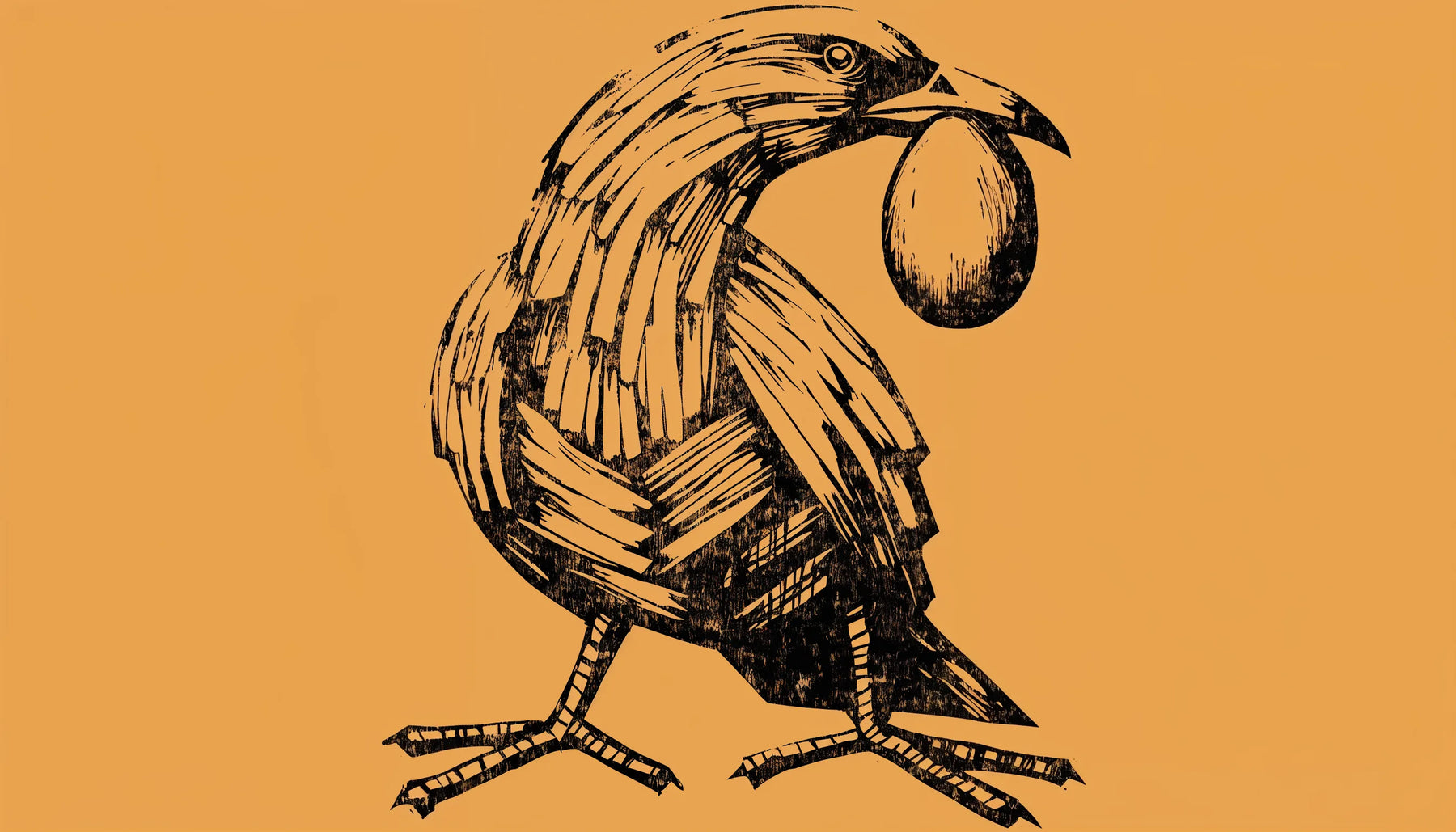 Stamped print of a bird with its feet forward and its head turned back over its body, holding an egg in its beak