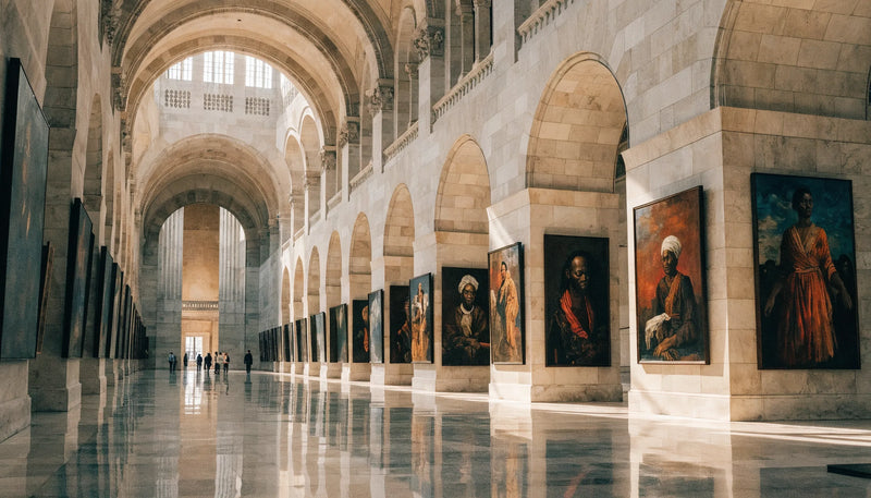 Grand national art museum interior with soaring arches and large paintings of Black subjects