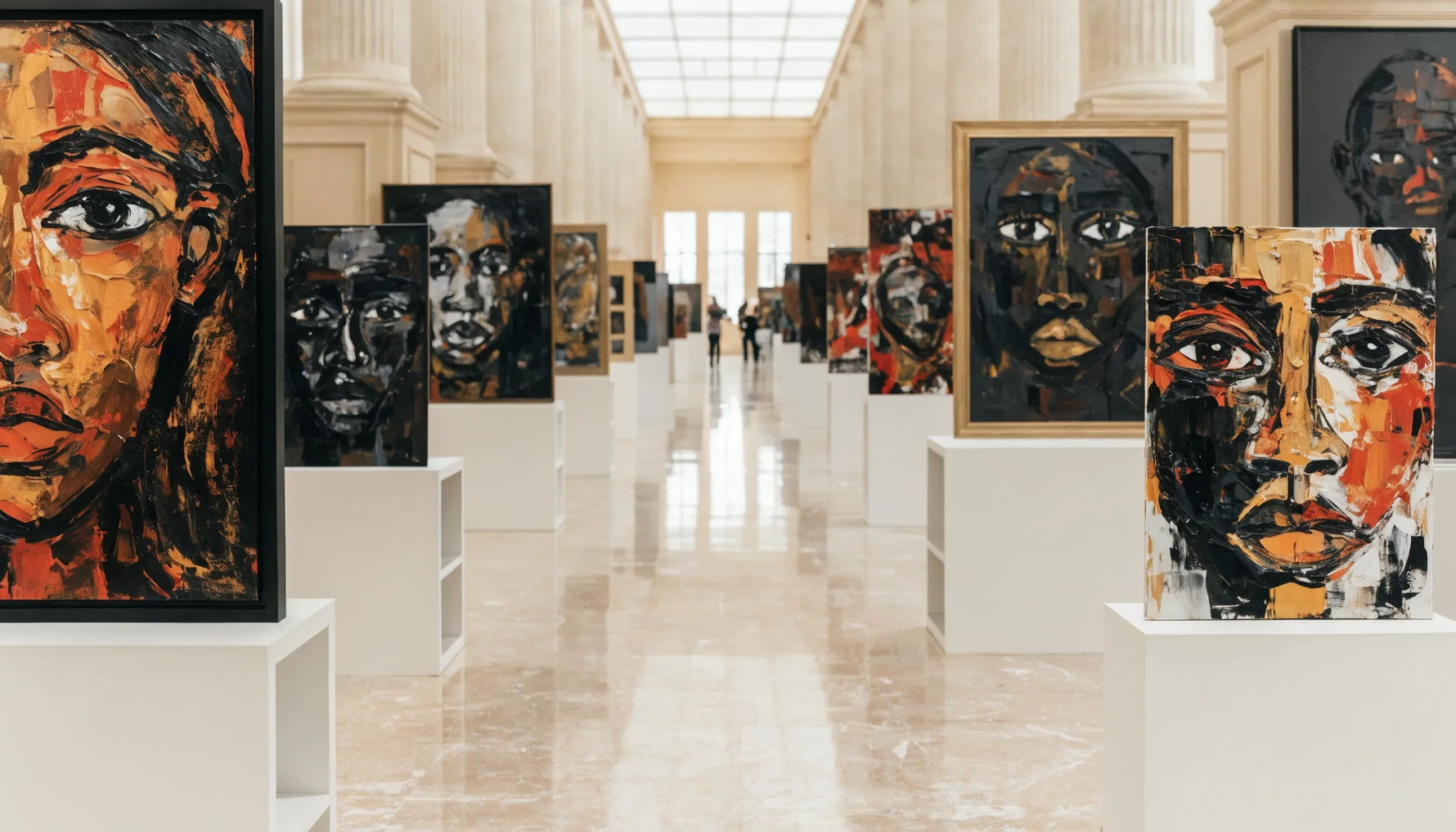 Contemporary art fair aisle lined with booths of original Black-art paintings
