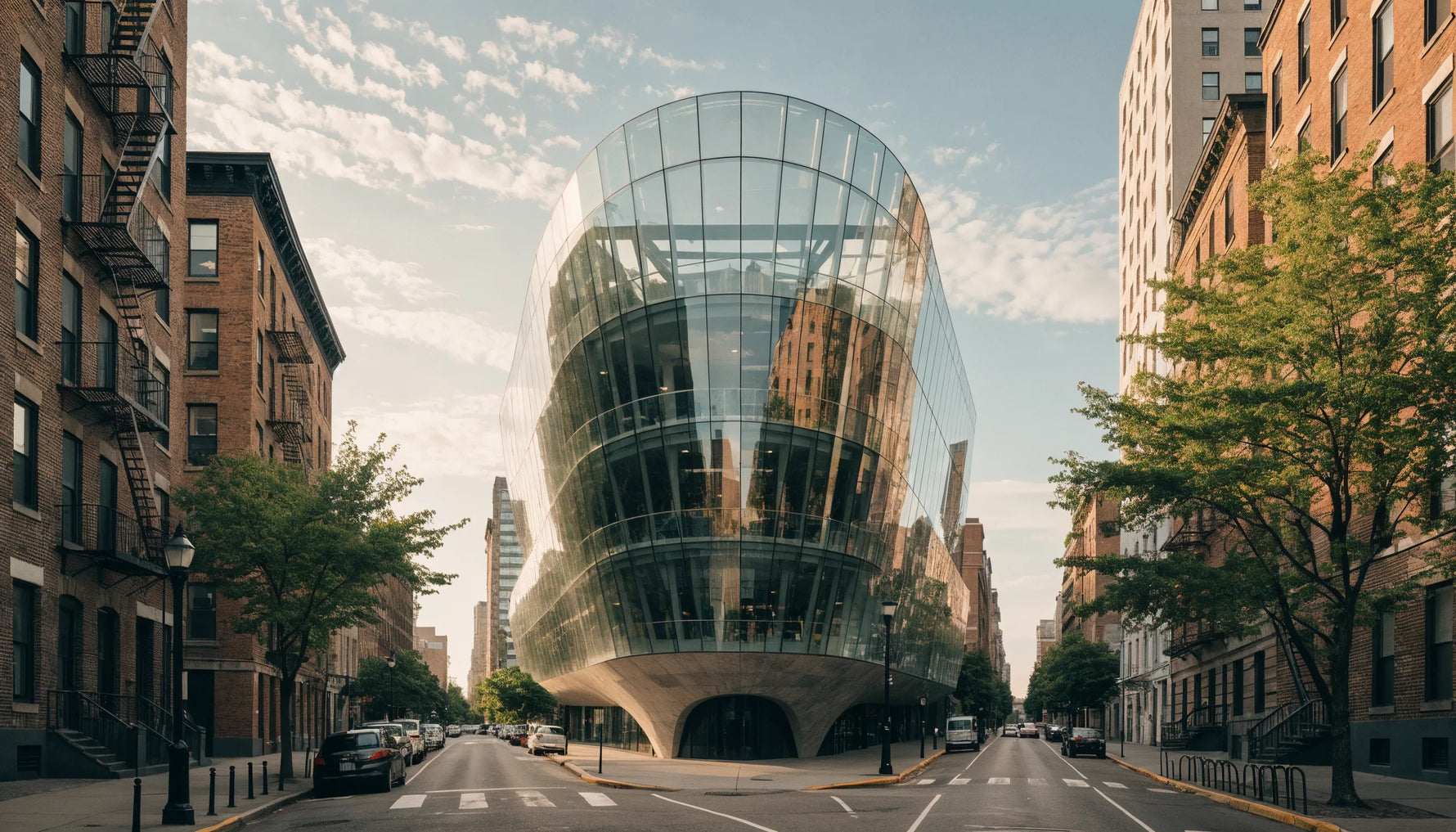 Contemporary museum building with a glass atrium on a sunlit Harlem street corner