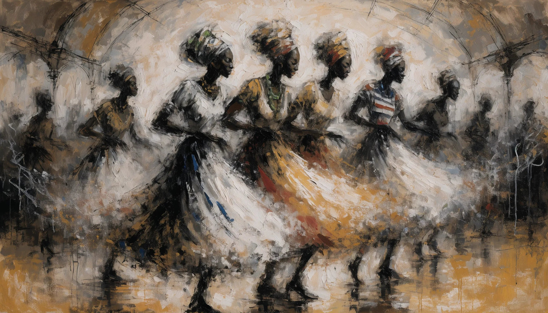 An original elongated expressive painting of Black figures dancing joyfully in a warm juke joint, full of movement.