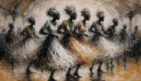 An original elongated expressive painting of Black figures dancing joyfully in a warm juke joint, full of movement.