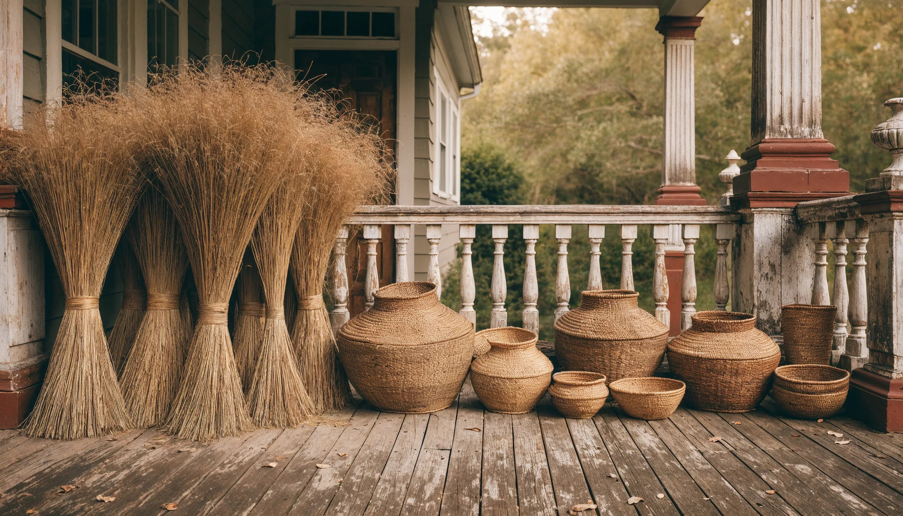 Harvested sweetgrass and handmade coiled baskets on a Lowcountry porch