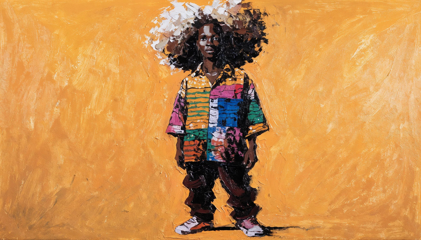 Painting of a person standing straight on with a full rounded Afro and a patterned wax print shirt, against a flat marigold background.