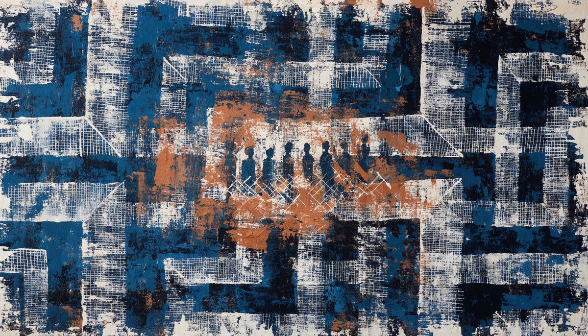 A painting in mud cloth geometry, indigo and rust with bone white marks, opening in the middle into a row of small upright walking figures.