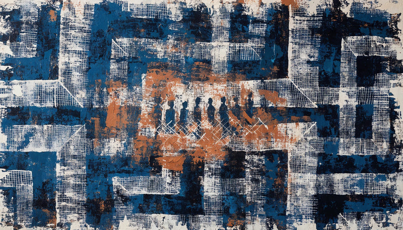 A painting in mud cloth geometry, indigo and rust with bone white marks, opening in the middle into a row of small upright walking figures.