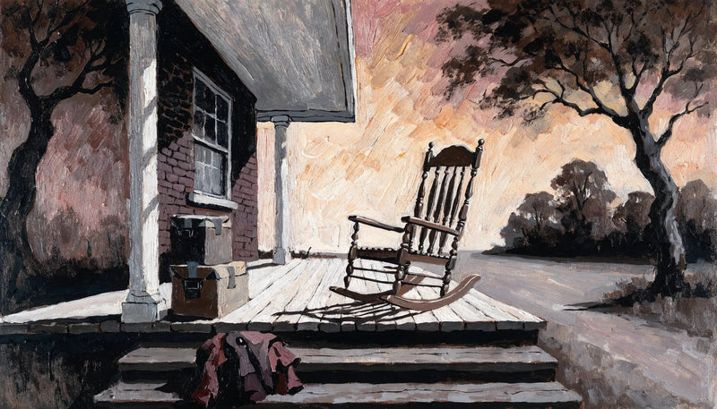 A painting of an empty Southern porch at dawn with two packed suitcases and a folded coat beside the steps, and a dirt road leading away.