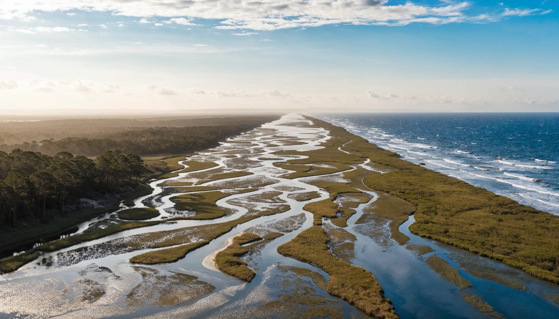 A high view along a chain of low barrier islands split by braided tidal creeks, with open ocean on one side and pine forest on the other