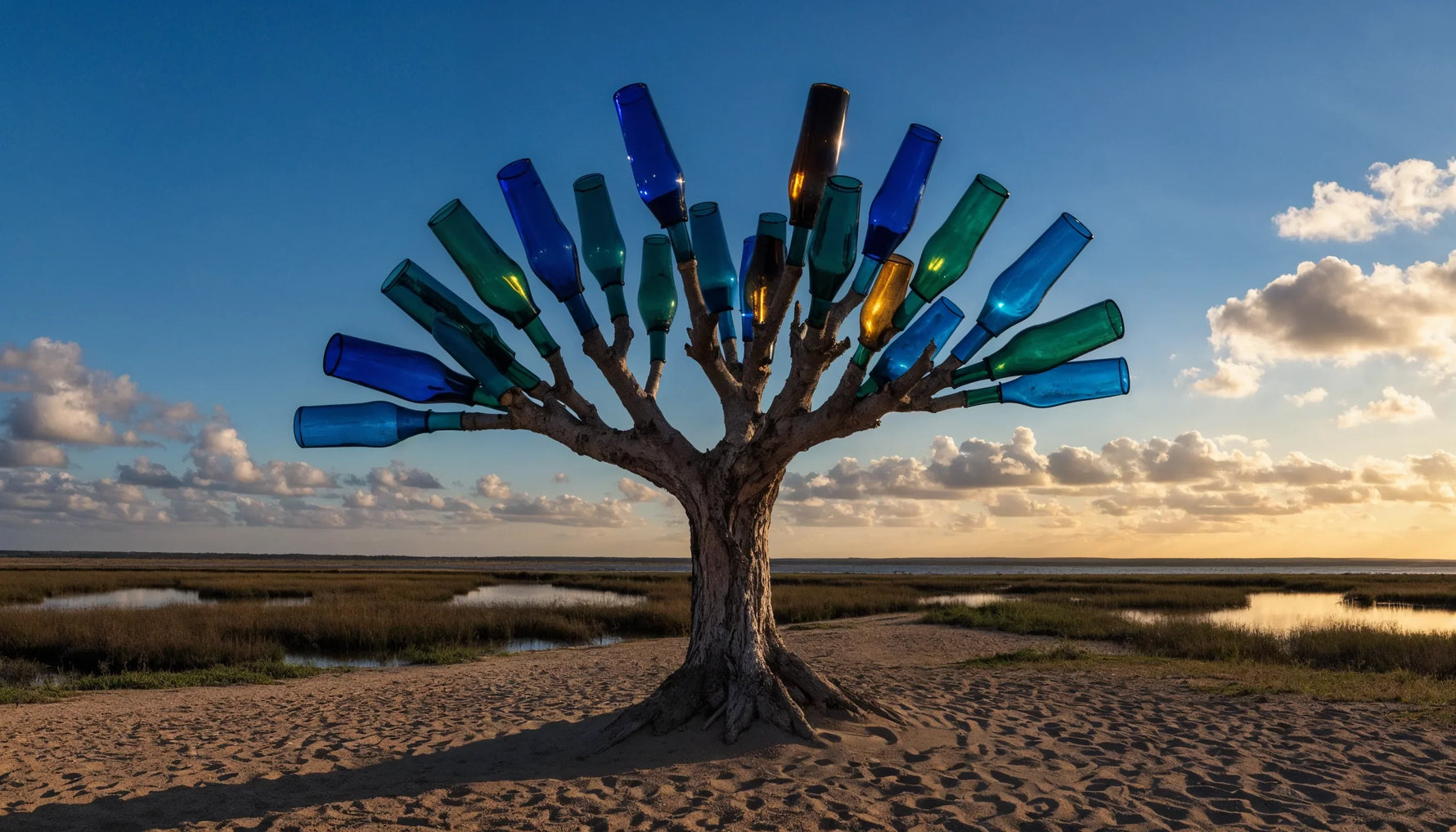 A bare tree hung with cobalt and green glass bottles glowing in the last light, with tidal marsh and a low horizon behind it