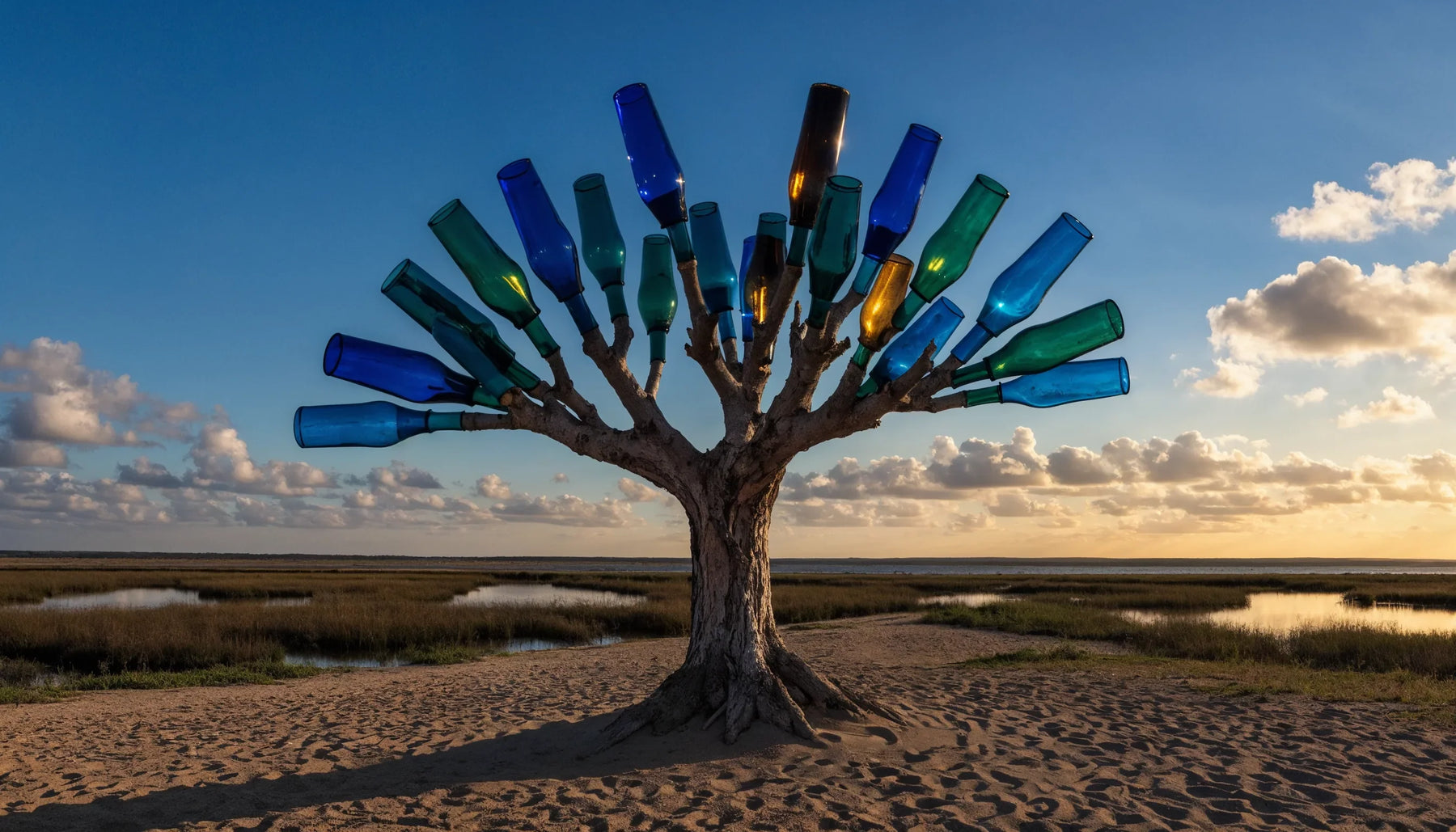 A bare tree hung with cobalt and green glass bottles glowing in the last light, with tidal marsh and a low horizon behind it