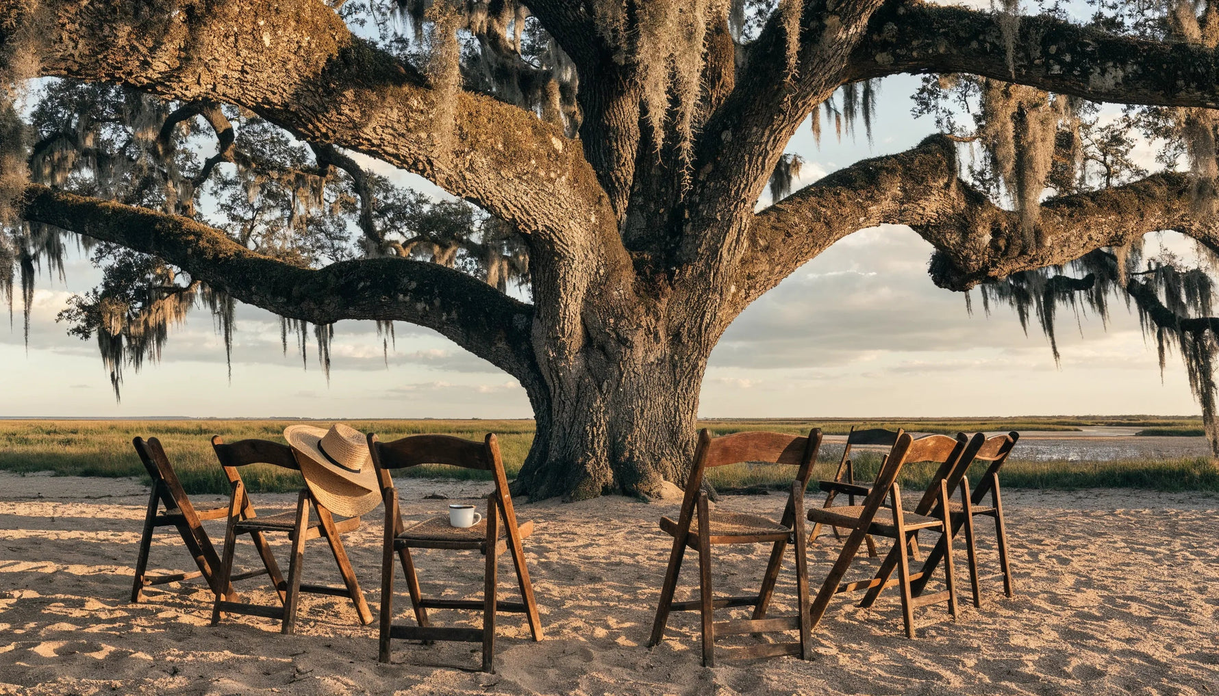 Empty wooden folding chairs in a loose circle under a large mossy live oak, with a straw hat on one seat and marsh beyond