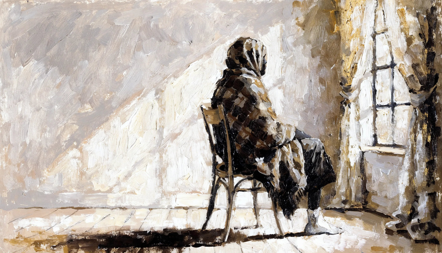 A wide painting of a person seated in profile beside a tall window, with afternoon light falling across an empty wall.