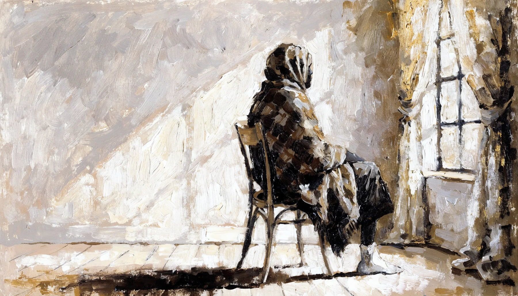A wide painting of a person seated in profile beside a tall window, with afternoon light falling across an empty wall.