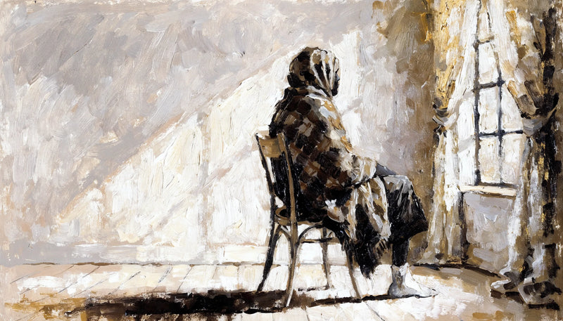 A wide painting of a person seated in profile beside a tall window, with afternoon light falling across an empty wall.