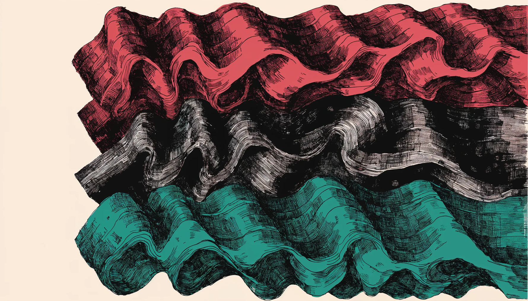 Three broad hand printed horizontal bands in deep red, black and green, with uneven ink and visible plate grain