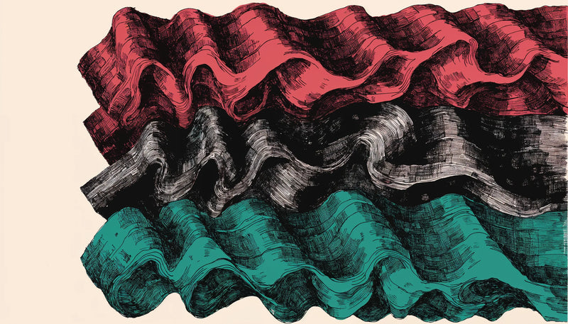 Three broad hand printed horizontal bands in deep red, black and green, with uneven ink and visible plate grain