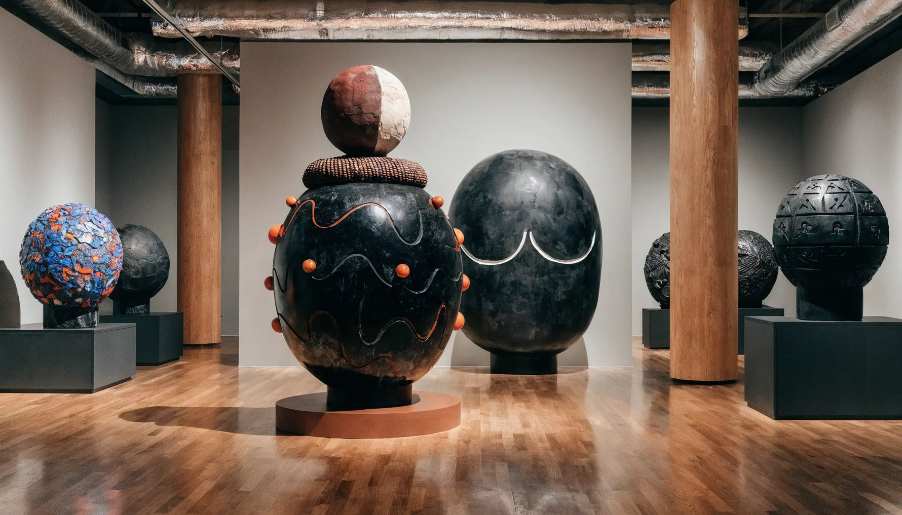 A contemporary museum gallery of bold original Black-art works, spare and modern, post-2000 mood, no people.