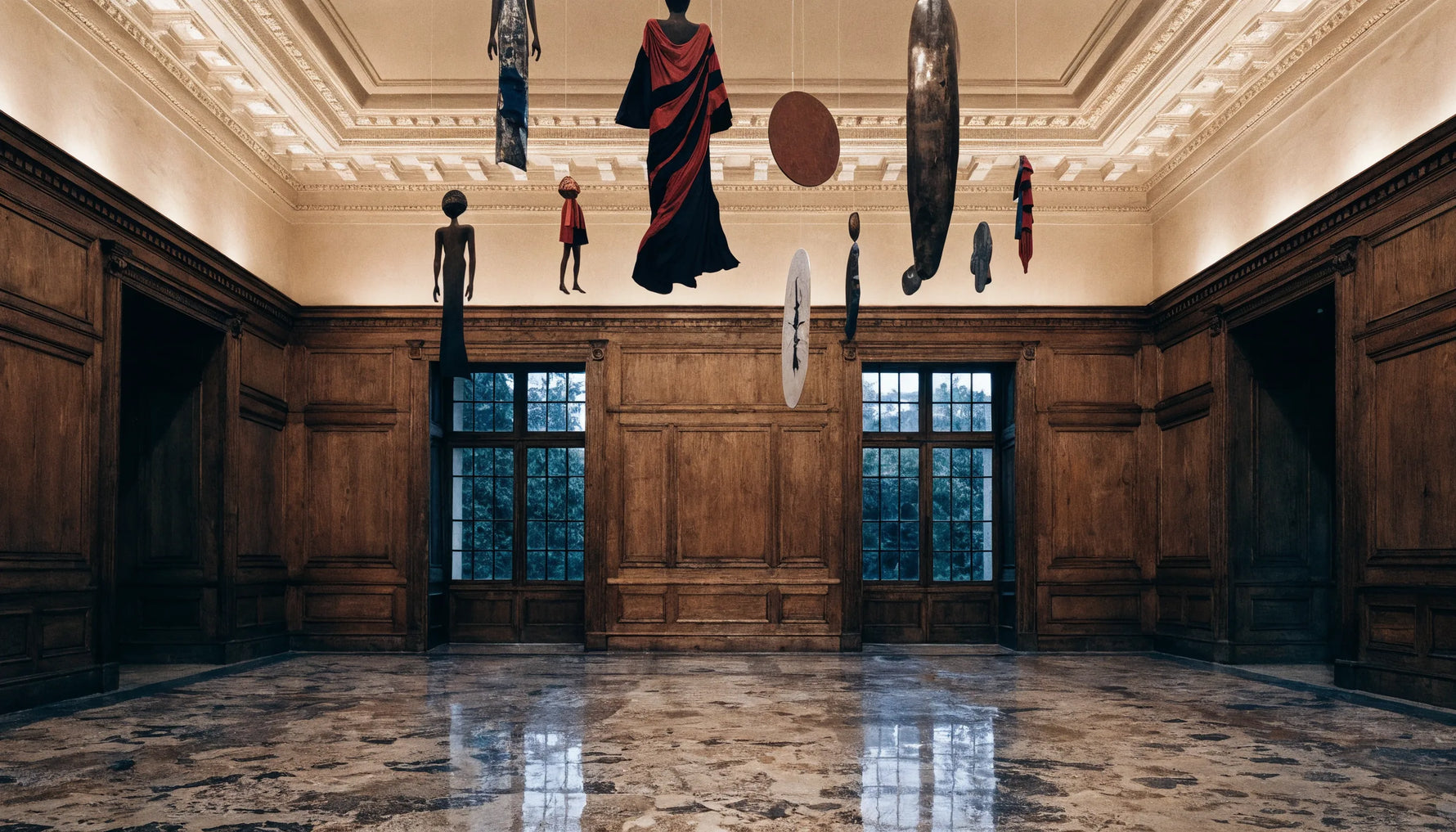 A landmark 1970s museum exhibition hall hung with diverse original Black-art works under warm gallery light, no people.