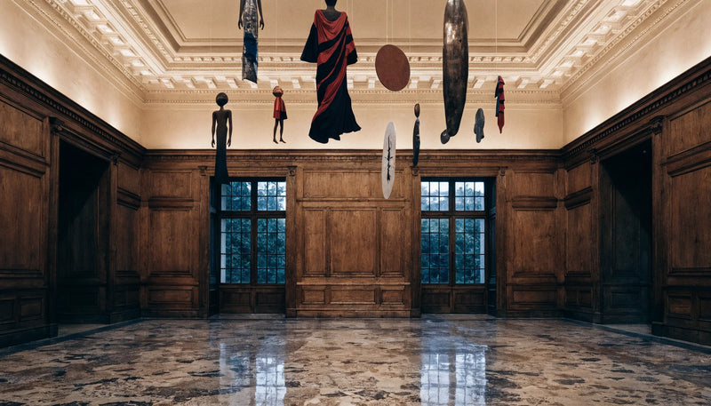 A landmark 1970s museum exhibition hall hung with diverse original Black-art works under warm gallery light, no people.
