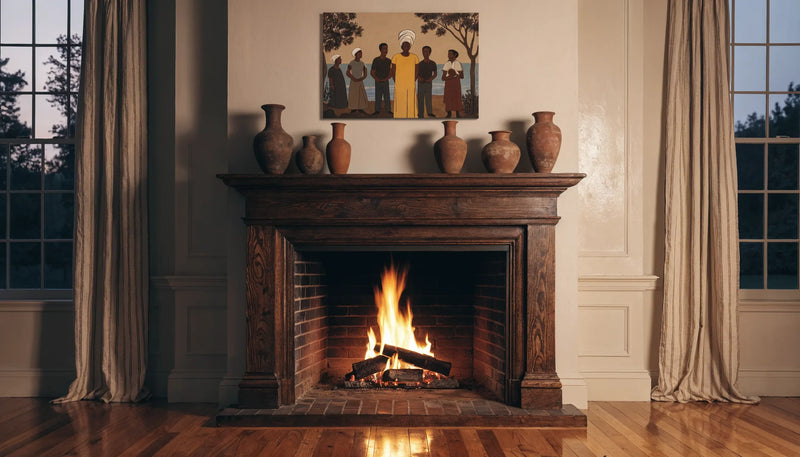 A wide canvas painting hung above a wood fireplace mantel holding clay vessels, with a low fire below