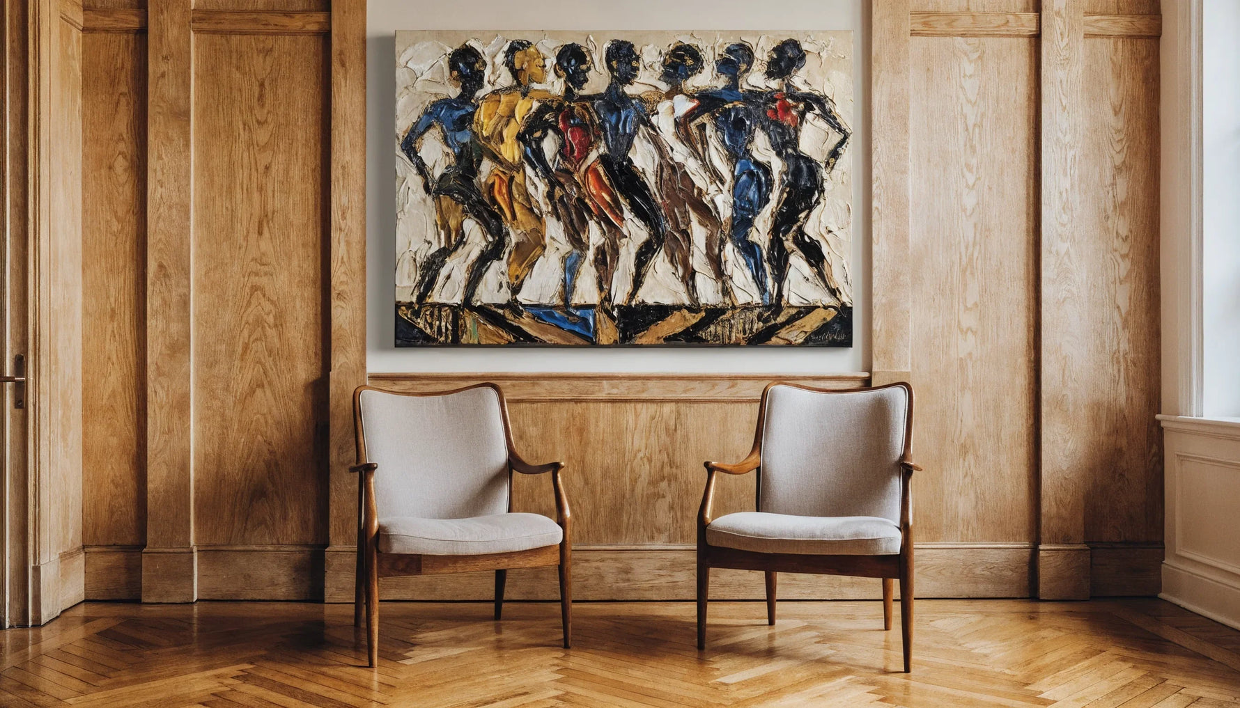 A warm room showing a well-proportioned original Black-art canvas sized correctly above furniture, minimalist.
