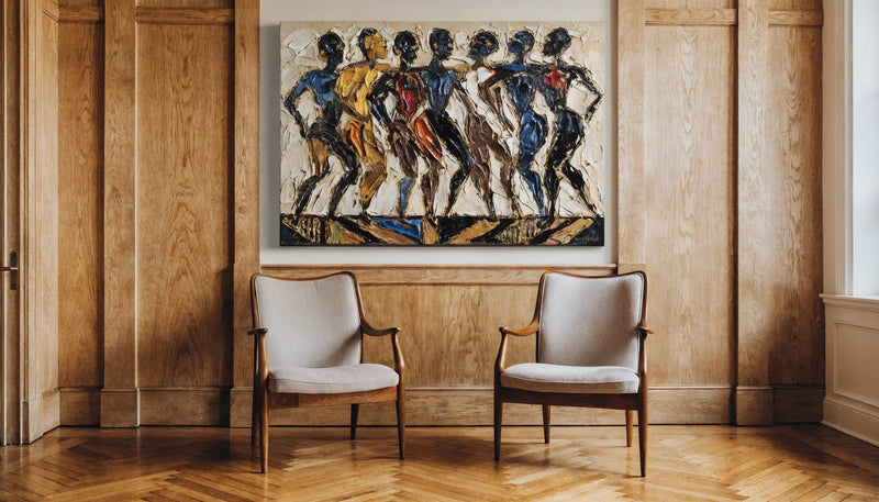 A warm room showing a well-proportioned original Black-art canvas sized correctly above furniture, minimalist.