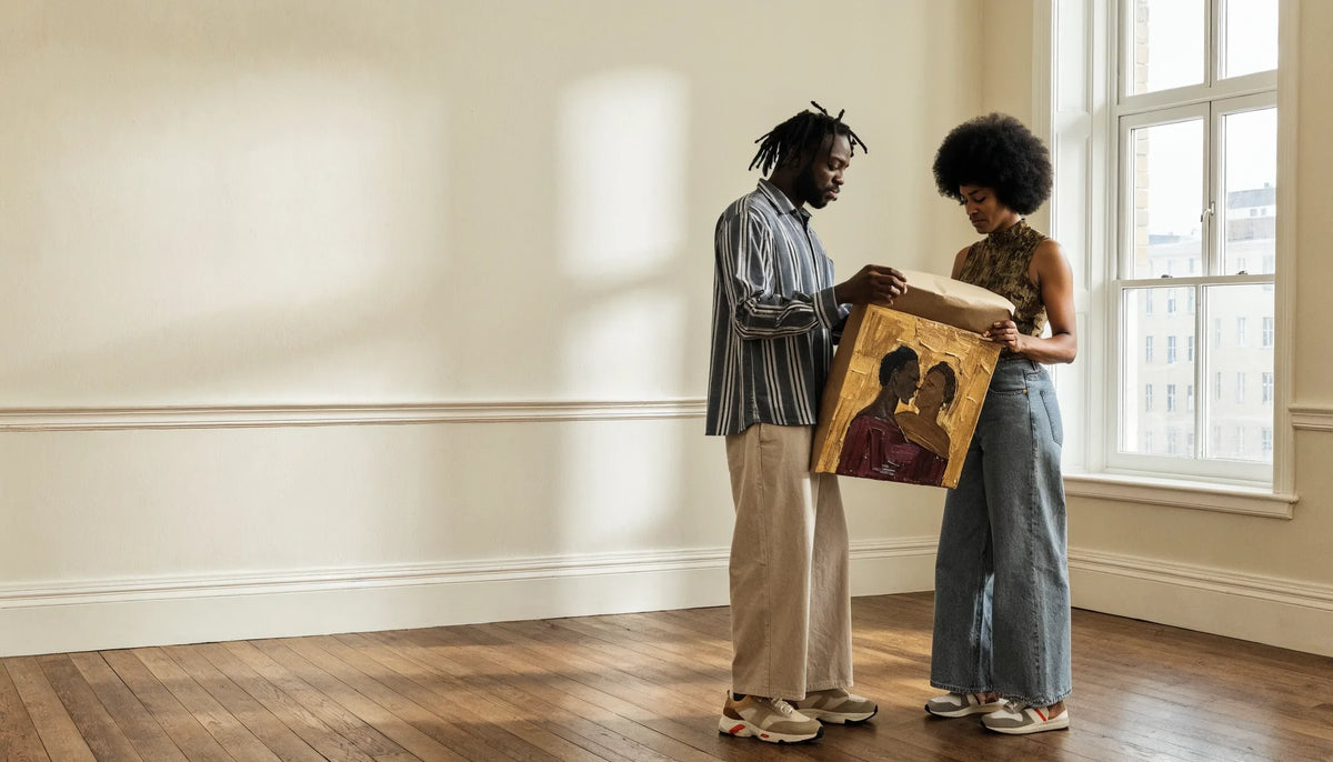 Newly married Black couple unwrapping a large framed painting of two embracing figures, bright cream-walled apartment, morning window light