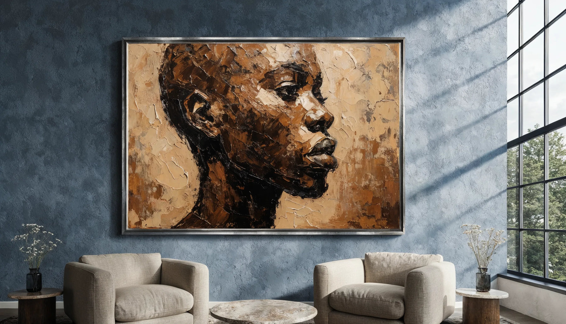 A warm brown and ochre canvas portrait in a silver frame hung on a cool blue gray living room wall